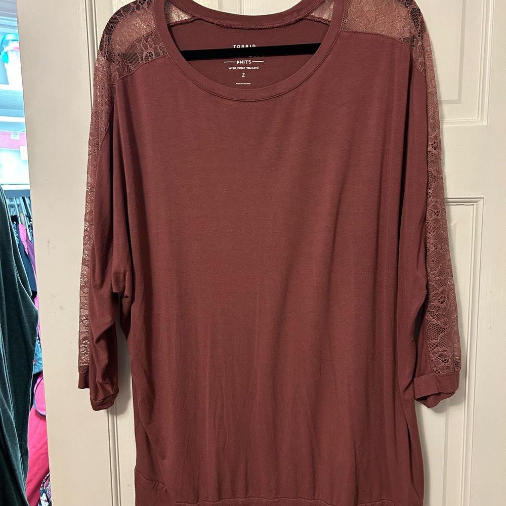 Torrid Women's Top with Lace Sleeves - Dusty Rose